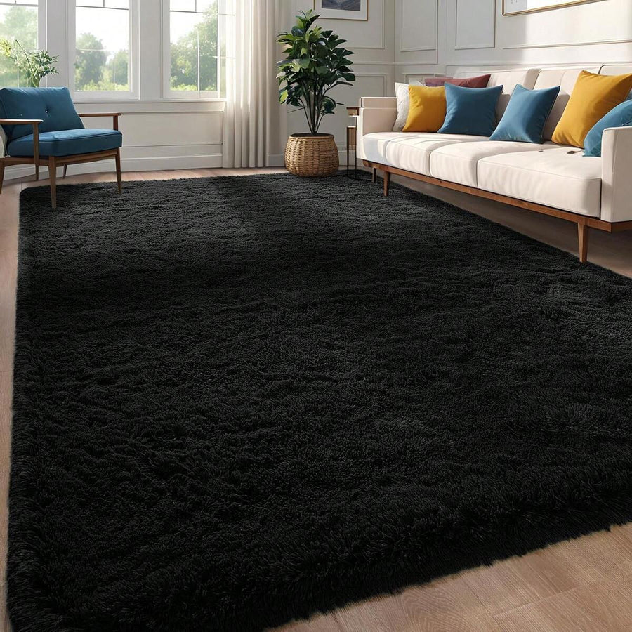 Living Room Rugs, Bedroom Rugs – Ultra Soft Plush Rug, Fluffy Shaggy Carpet, Washable Area Rug With Non-Slip Backing & 4 Free Grip Stickers, Modern Home Dorm Decor, Multiple Sizes 4x6 5x7 6x9 8x10 9x12 10x14, Black Rug